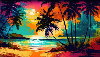 Fototapeta na wymiar Paradise Sunset: A Vibrant Illustration of a Tropical Beach, Generative AI