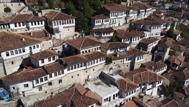 Berat, Albania, aerial drone view. Old town, view from above. City of 1000 windows. Buildings, streets and residential houses.