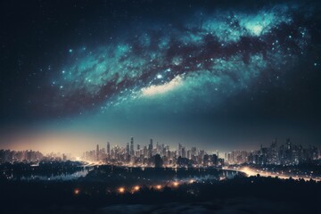 Obraz na płótnie Canvas City landscape at night with stars and milky way galaxy. Generative AI