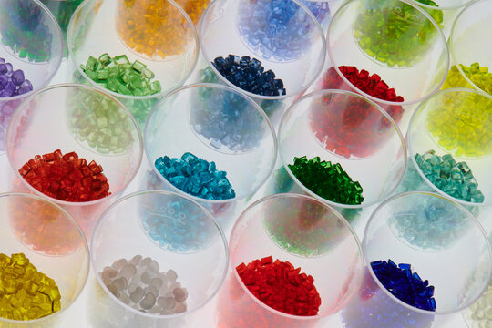 Colored plastic resins in test tubes in laboratory