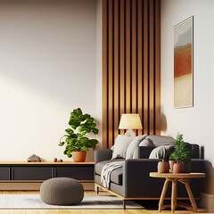 Cozy modern style living room with sunlight shines into the room. Minimalism interior design 3D render. Generative AI.