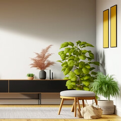 Large empty wall frame mockup with modern living room interior furniture. Interior design 3D render. Generative AI.