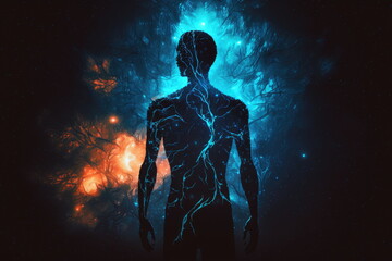 body silhouette with space and galaxy  background, milky way, spiritual life and belief, Made by AI, Artificial intelligence