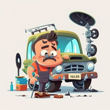 mechanic repairing car, cartoon character, holding a repair tool, car service, vector illustration, Made by AI,Artificial intelligence