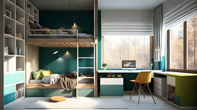 A modern kids room with bunk beds, created with Generative AI technology