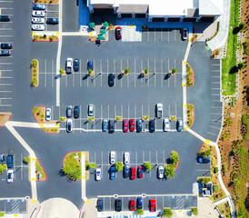 Top view of shopping center parking lot