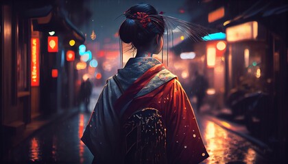 Obraz premium A Japanese woman in national Japanese costume walks down the street. Generative AI.