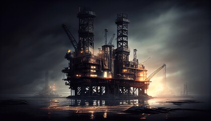 An oil and gas plant against a sunset background. Oil gas industry business. Generative AI.