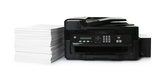 Modern printer and stack of paper on white background