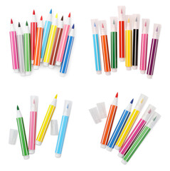 Obraz premium Collage with many colorful felt tip pens on white background, top view