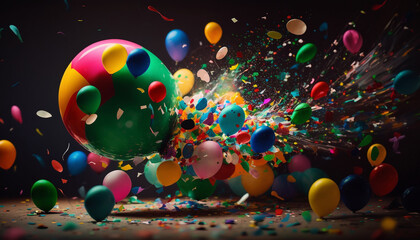 Colorful balloons and confetti in a festive setting conveying excitement and delight. Shot with a mirrorless camera and wide-angle lens. (Birthday cake). - Generative AI - obrazy, fototapety, plakaty