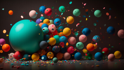Fototapeta na wymiar Birthday Cake Bash: Colorful Balloons and Confetti, Lit with Bright Artificial Light, Captured with a Mirrorless Camera and Wide-Angle Lens - Generative AI