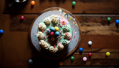 Birthday Cake with Playful Textures and Colors on Rustic Wooden Table, Lit by Natural Light - Joyful Celebration in Elegant Style. - Generative AI