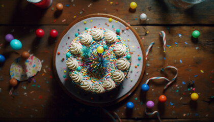 Birthday cake with colorful and playful textures on a rustic wooden table in diffused natural light, capturing the joy of celebration in an elegant style - Generative AI