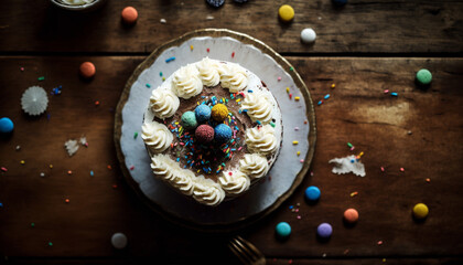Birthday Cake with Colorful Textures and Decorations on Rustic Wooden Table, Captured with Digital Macro Lens Conveying Joy and Celebration - Generative AI