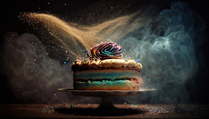 Fototapeta Birthday cake floating in dreamy fantasy environment lit by ethereal light - conveying magic and wonder, captured with Nikon AF-S NIKKOR lens - Generative AI obraz
