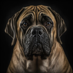 Studio shot with lovely English mastiff dog portrait with the curiosity and innocent look as concept of modern happy domestic pet in ravishing hyper realistic detail by Generative AI.