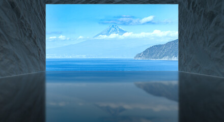 リゾート施設のような大きな窓の部屋で風景が床に反射する　富士山・海・日本