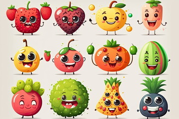cartoon characters of fruit, happy and smile, cute fruit monsters, white background, vector illustration, Made by AI,Artificial intelligence