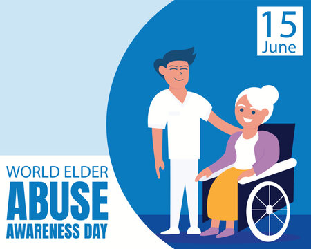 illustration vector graphic of a grandmother sitting in a wheelchair accompanied by a nurse, perfect for international day, world elder abuse awareness day, celebrate, greeting card, etc.