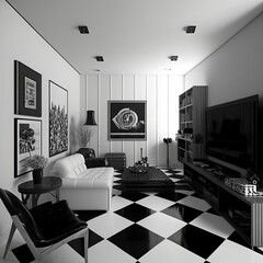Modern black and white living room made in Generative AI, high quality