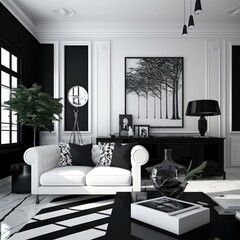 Modern living room in black and white colors, high quality, made in Ai