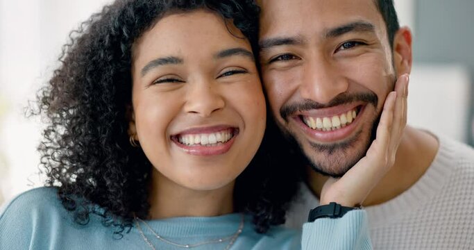 Interracial couple, face or bonding in house, hotel or home for honeymoon or romantic holiday vacation. Smile portrait, zoom or happy brazilian woman and asian man homeowners in new mortgage property