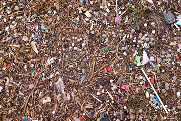 Micro plastic waste mixed with soil. Small piece of plastic garbage that is difficult to clean in nature. Image of soil contaminated with micro plastic waste.