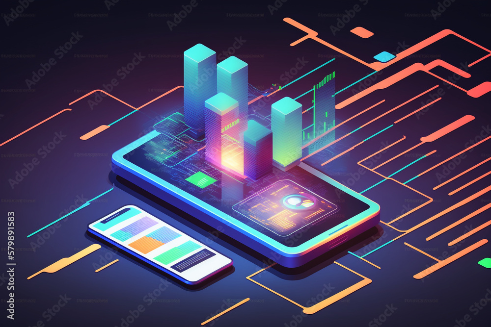 Poster application of smartphone with business graph and analytics data on isometric mobile phone. analysis