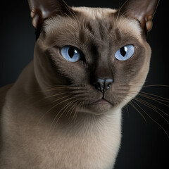 Studio shot with cute tonkinese cat portrait with the curiosity and innocent look as concept of modern happy domestic pet in ravishing hyper realistic detail by Generative AI.