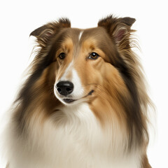 Adorable rough collie dog portrait isolated on white background as concept of domestic pet in ravishing hyper realistic by Generative AI.