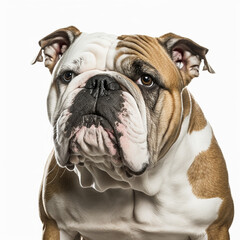 Cute bulldog portrait with the curiosity and innocent look as concept of happy domestic pet in ravishing hyper realistic detail isolated on white background by Generative AI.