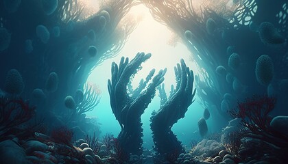 Fototapeta na wymiar underwater world with coral reefs digital art illustration, Generative AI