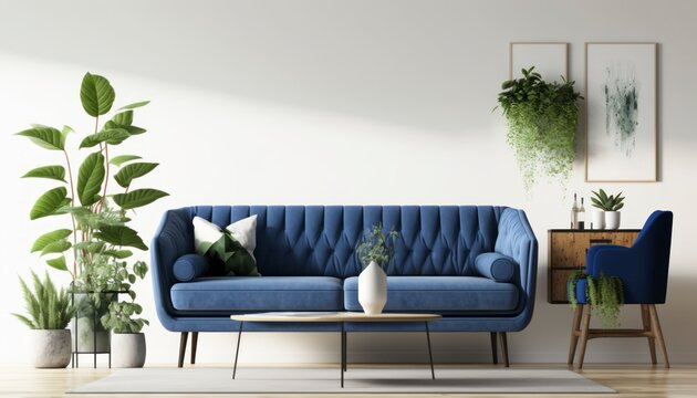 modern Empty Living Room with Blue Sofa, Plants and Table on Empty White Wall Background