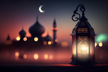 Fototapeta premium Ramadan Kareem greeting with serene mosque background with beautiful glowing lantern. Generative AI.
