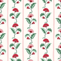Indian Trailing Flowers and Stripes Vector Seamless Pattern. Cottagecore Chintz Floral on White Background. Delicate Summer Boho Print - 579895301