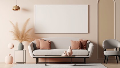 a light cream white Scandinavian, boho-themed living room interior background with a horizontal frame mockup, Japandi, 3D rendered, contemporary-themed, modern interior mockup. Generative AI