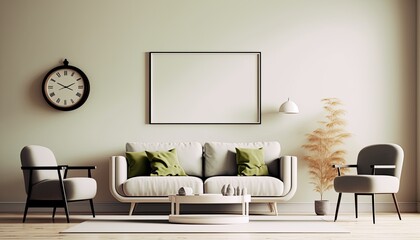 a cream white-colored Scandinavian, boho-themed living room interior background, featuring yellow pastel highlights, horizontal white frame mockup, Japandi, 3D rendered, contemporary. Generative AI