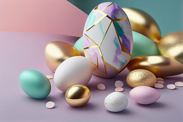 A collection of marble eggs with gold foil on the top. Generative ai