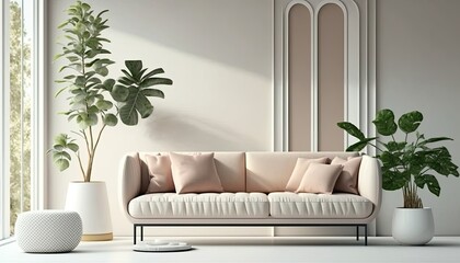 a cream white-colored Scandinavian, boho-themed living room interior background, featuring yellow pastel highlights, horizontal white frame mockup, Japandi, 3D rendered, contemporary. Generative AI