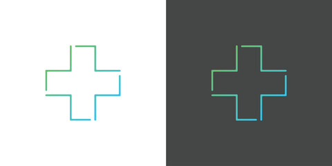 Modern health plus logo design illustration. Silhouette gradient line symbol combination plus medical cross. Minimalist modern design suitable for web and app icons.
