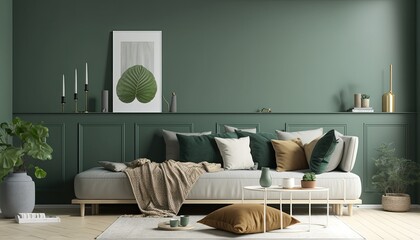 a green, forest-colored Scandinavian, boho-themed living room interior background, Wall Art Mockup, 3D rendered, contemporary, Japandi-themed, modern interior mockup. Generative AI