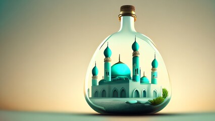 bottle of wine. Mosque in a glass bottle 