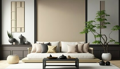 a muted earthy tones colored Scandinavian, boho-themed living room interior background, Wall Art Mockup, 3D rendered, contemporary, Japandi-themed, modern interior mockup. Generative AI