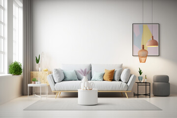 Bright and cozy modern living room interior have sofa and lamp with white wall, Generative AI
