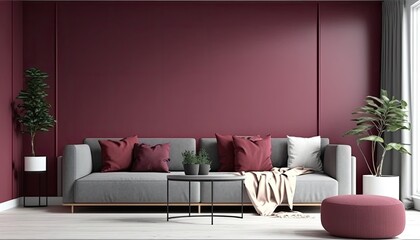 a purple, wine-colored Scandinavian, boho-themed living room interior background, Wall Art Mockup, Japandi, 3D rendered, contemporary, Japandi-themed, modern interior mockup. Generative AI