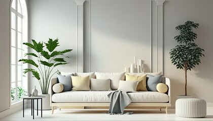a natural earth tones colored Scandinavian, boho-themed living room interior background, Wall Art Mockup, 3D rendered, contemporary, Japandi-themed, modern interior. Generative AI