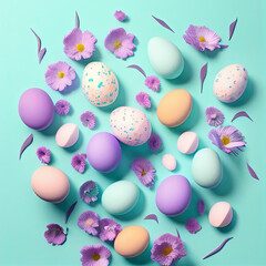 Fototapeta na wymiar Easter Eggs and spring flowers background