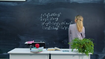 Teacher is happy about beginning or end of school year, vacations. Joyful student found solution to math problem, received highest mark at university. Beautiful girl dancing near blackboard