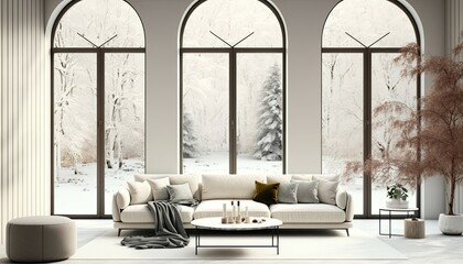 a cream-colored Scandinavian, boho-themed living room interior background with windows, Wall Art Mockup, Japandi, 3D rendered, contemporary, Japandi-themed, modern interior mockup. Generative AI